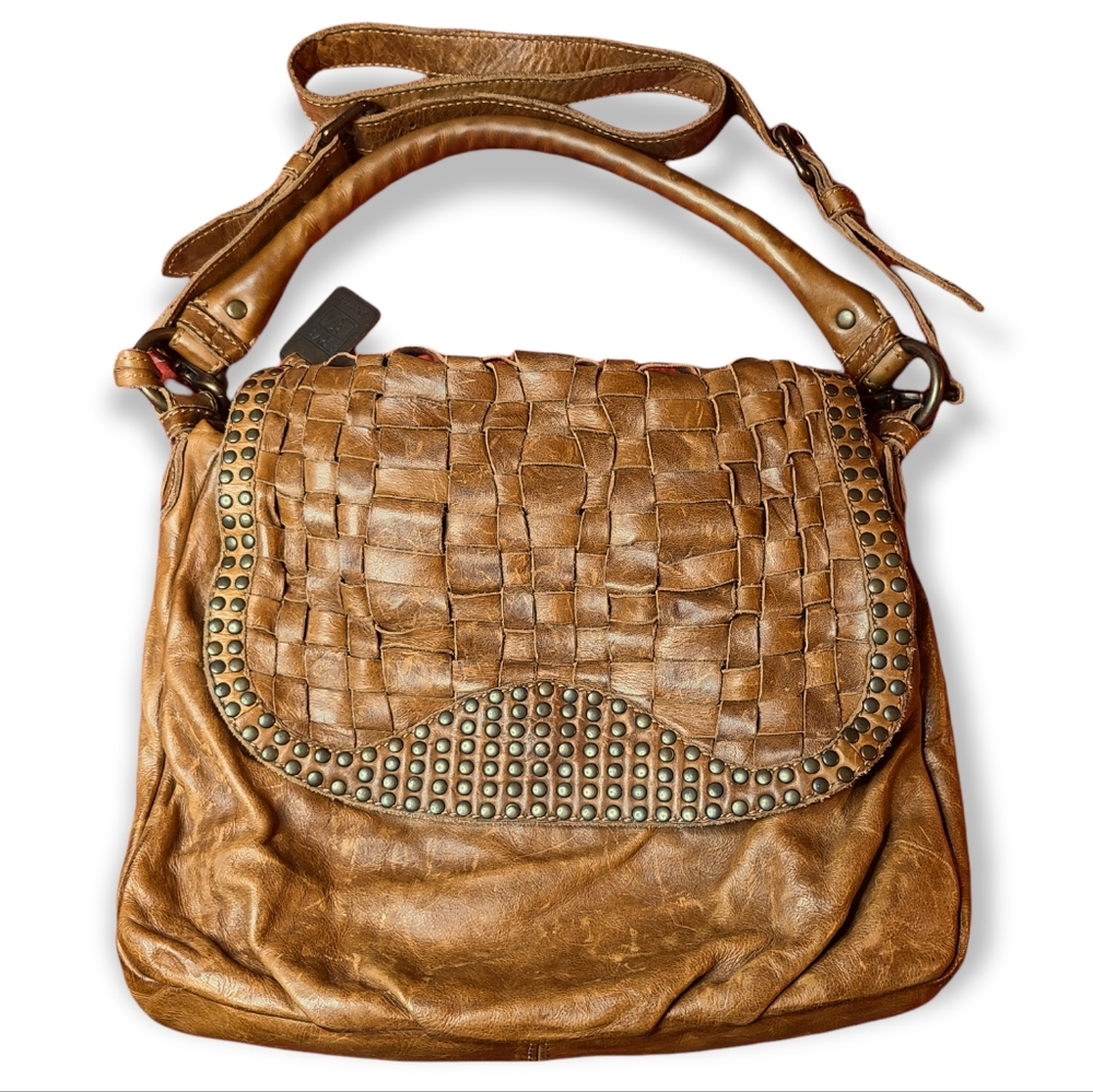 Frye Stacy Woven Studded Convertible Camel Brown Italian Leather Hobo Bag